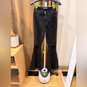 Black Bell Bottom Jeans with Distressed Hem